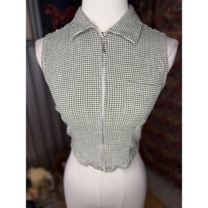Quizz Jeans Vintage Sage Green Gingham Zip Up Sleeveless Crop Top Small Retro